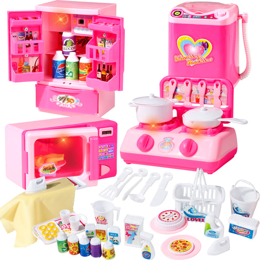 Kitchen Playset Toys for Girls Refrigerator Fridge Microwave Oven Washing machine Kids Playset with 25-Pcs Accessories Lights & Sounds