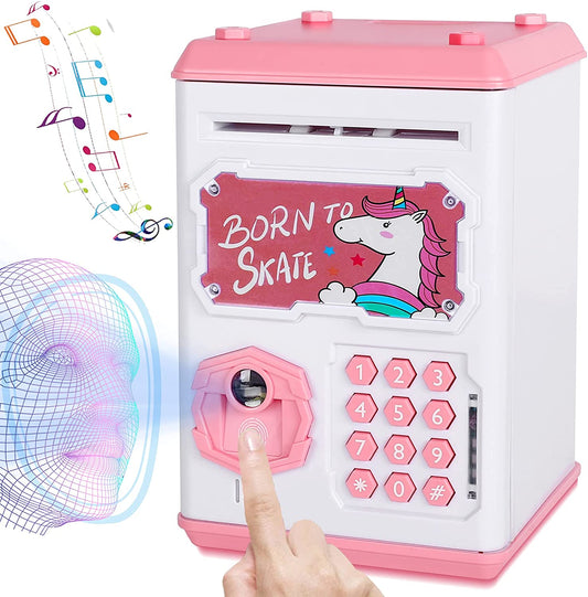 Unicorn Piggy Bank Girls Toys Money Bank Fingerprint & Face Scan Password Code Lock Cash Coin ATM Bank Birthday Gifts for 3-6 Years Old Girls