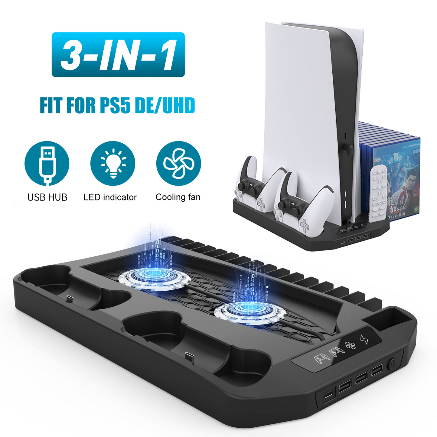 PS5 Vertical Stand Cooling Fan System Dual Controller Charging Station Docks with LED Indicator and 3 Port USB Hub for PS5