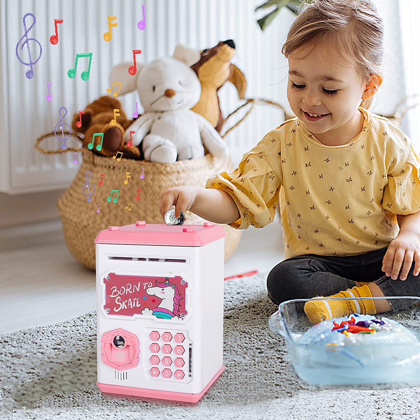 Unicorn Piggy Bank Girls Toys Money Bank Fingerprint & Face Scan Password Code Lock Cash Coin ATM Bank Birthday Gifts for 3-6 Years Old Girls